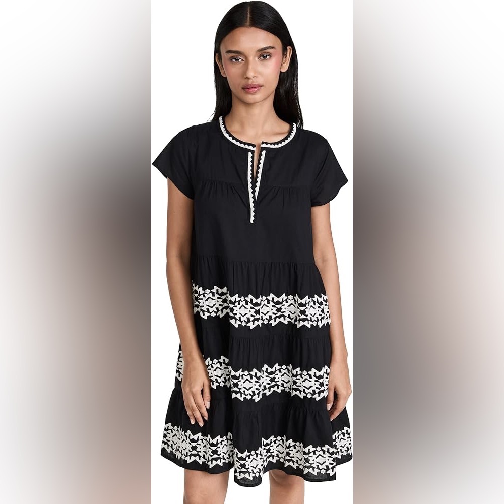 Roller Rabbit Women’s Pamela Black Tunic Cotton Dress with White Embroidery EUC